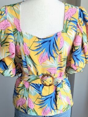 Mocha Apparel Yellow Tropical Floral Puff Sleeve Belted Blouse M Peasant